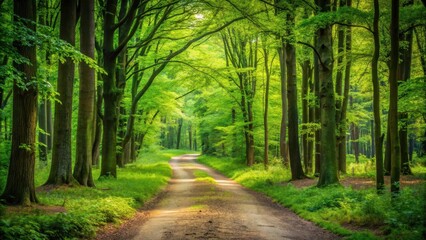 Obraz premium A winding dirt path leads through a serene and lush green forest surrounded by tall trees with leaves rustling in the gentle breeze, forested area, lawn