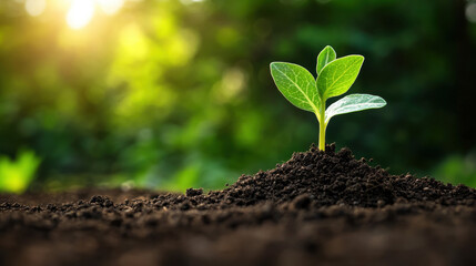 Fototapeta premium A young plant growing in soil indicating fresh beginnings and new growth sprouting from the earth in a natural environment