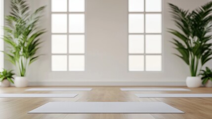 Fototapeta premium Calm and Serene Yoga Studio with Bright Windows and Green Plants