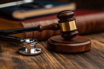 a gavel and a stethoscope are on top of books