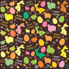 Seamless Easter pattern with eggs, rabbit, sheep, lamb,  flowers on white background. Vector Illustration 