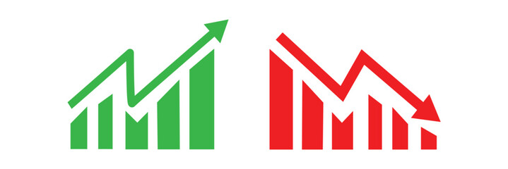 Graph going Up and Down sign with green and red arrows. sales bar chart icon symbol with arrow moving up and  arrow moving down Flat design. Graph rise and fall business icon vector illustration.