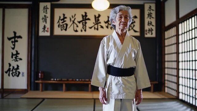 An Elderly Asian Woman Practicing Karate in a Traditional Dojo Setting with Calligraphy and Tatami Mats, Demonstrating Focus and Skill