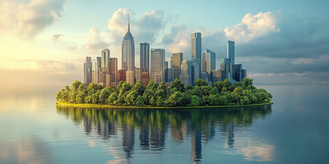 Urban skyline reflection on serene water new york city landscape photography tranquil environment aerial view cityscape concept
