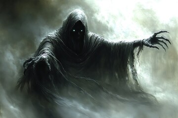 An ominous hooded figure is emerging from a foggy ethereal atmosphere
