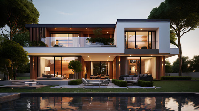 Modern villa with plants and trees vray rendering 1
