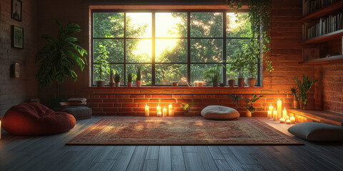 Cozy relaxation space with candles and plants modern interior home serene environment warm sunset light