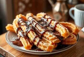 A plate of golden brown churros, drizzled with chocolate sauce and powdered sugar