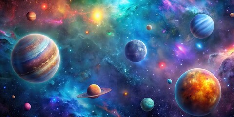 Cosmic galaxy wallpaper with colorful planets and stars, colorful, planetary design