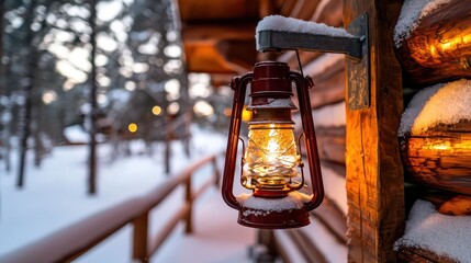 A red lantern illuminated on a snowy wooden cabin wall