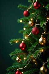 Evergreen branches with ornaments and fairy lights draped around the trunk, greenery, christmas decorations