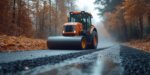 Construction action road roller compacts new road autumn forest photography foggy environment ground level view