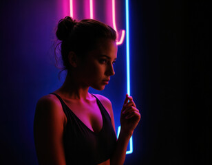 portrait of a young woman with a neon background