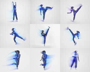 A collage displays individuals engaging in various athletic poses, merging workout enthusiasm with virtual reality.