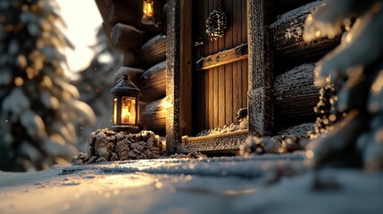 A Snow Covered Cabin Entrance Illuminated By Warm Lantern Light