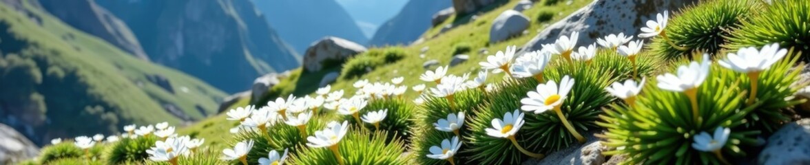 Ethereal carpet of white petals on rocky terrain, alpine plants, rocky outcrops