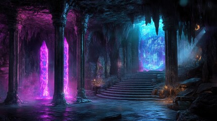 Fototapeta premium A mysterious cave has illuminated pillars and glowing portals within