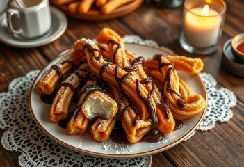 Fototapeta premium Freshly baked churros with chocolate sauce and powdered sugar