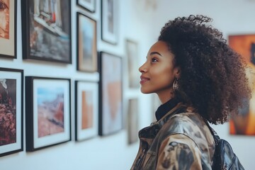 a woman viewing art in a gallery.