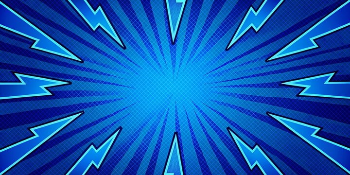 Dynamic blue comic book background with radial burst effect and lightning bolts for superhero action