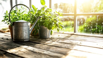 Plants and watering can set on a weathered wooden surface