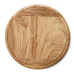 Close up round wooden kitchen board isolated on white background