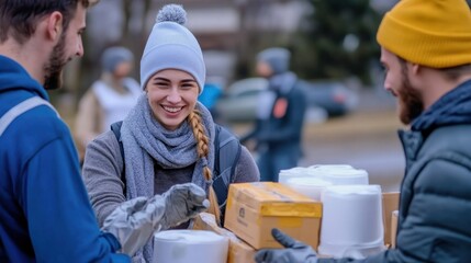 Community volunteer event urban park charity work outdoor setting close-up helping others together for a cause