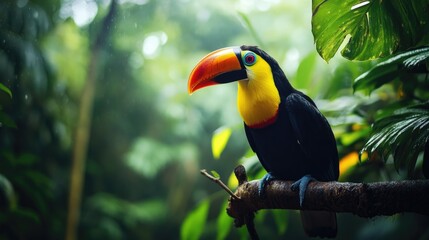 Obraz premium A beautiful colorful toucan bird sitting on a tree branch