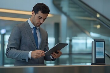 A young businessman in a gray suit uses a tablet in a modern office building.  He appears focused and serious.