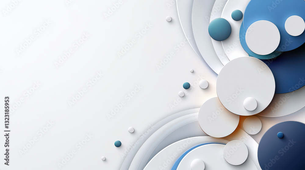Poster futuristic minimalist white geometric background with layered circles and spheres in blue and white tones, creating modern and abstract design