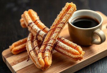 A sweet treat on a wooden board, churro with chocolate drizzle and cinnamon