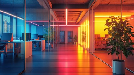 Fototapeta premium Futuristic modern office space exuding vibrant energy and innovative design for a dynamic work environment.