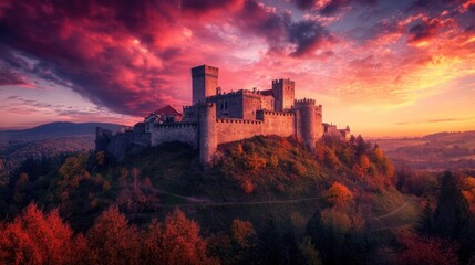 Fototapeta premium A grand stone castle sits atop a hill at sunset