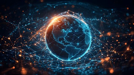 Obraz premium Global Business Network with Interconnected Digital Lines and Illuminated 3D Globe