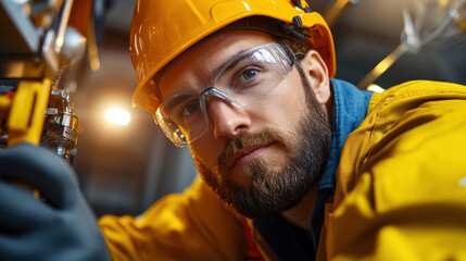 Man wearing hard hat and safety glasses demonstrating lockout tagout procedures in an industrial work environment