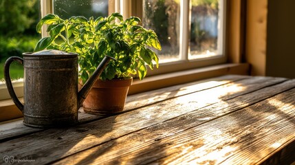 A weathered watering can and plant sit near window sunlight