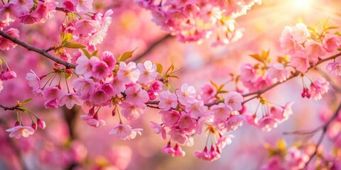 Vibrant pink petals cascade down delicate branches as a stunning cherry blossom tree reaches full bloom in warm sunlight, outdoors