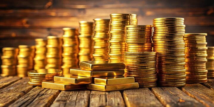 Stacks of gold bars in rows on a wooden table, with some scattered coins nearby, creating a sense of abundance and wealth
