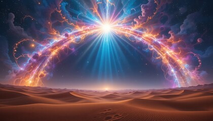 Celestial Desert: A Breathtaking Digital Artwork of a Mystical Desert Landscape Under a Starry Sky with Vibrant Cosmic Energy