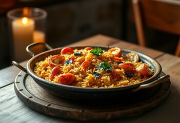Delicious Paella on a rustic table