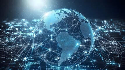 Illuminated Global Business Network with Interconnected Digital Nodes and Flowing Data Lines