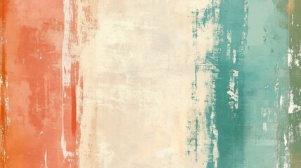 Fototapeta premium Abstract painting with vertical brushstrokes of muted colors, including orange, beige, and teal.