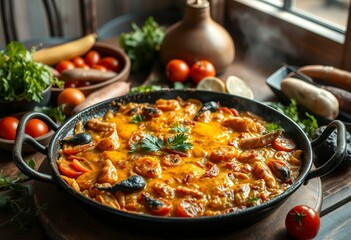 Fototapeta premium Fresh Paella with seafood and vegetables
