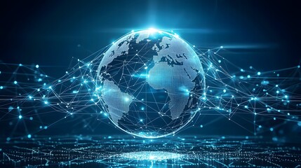 Obraz premium Conceptual Image of Global Digital Business Network with Interconnected Nodes and Illuminated Globe