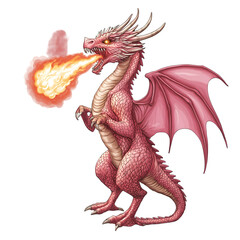 Standing Dragon Breathing Fire Illustration with Scaled Skin and Wings. Mythology and Fantasy Concept