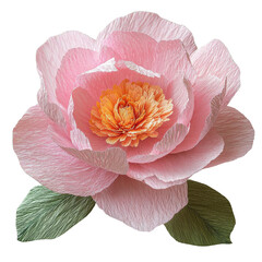Pink peony flower and leaves crafted from crepe paper, isolated background
