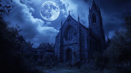 A Gothic Church Under a Large Moonlit Sky