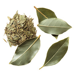 A cluster of dried bay leaves alongside whole bay leaves, used for culinary purposes.