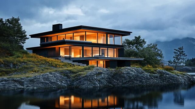 Serene lakeside modern home architecture design showcasing sophisticated style and tranquil reflections