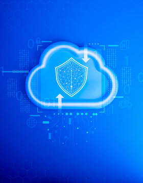 Cloud computing infrastructure technology, data system storage service concept. Digital shiel padlock on cloud with binary code and system tools graphic icons on blue vertical background, minimal.